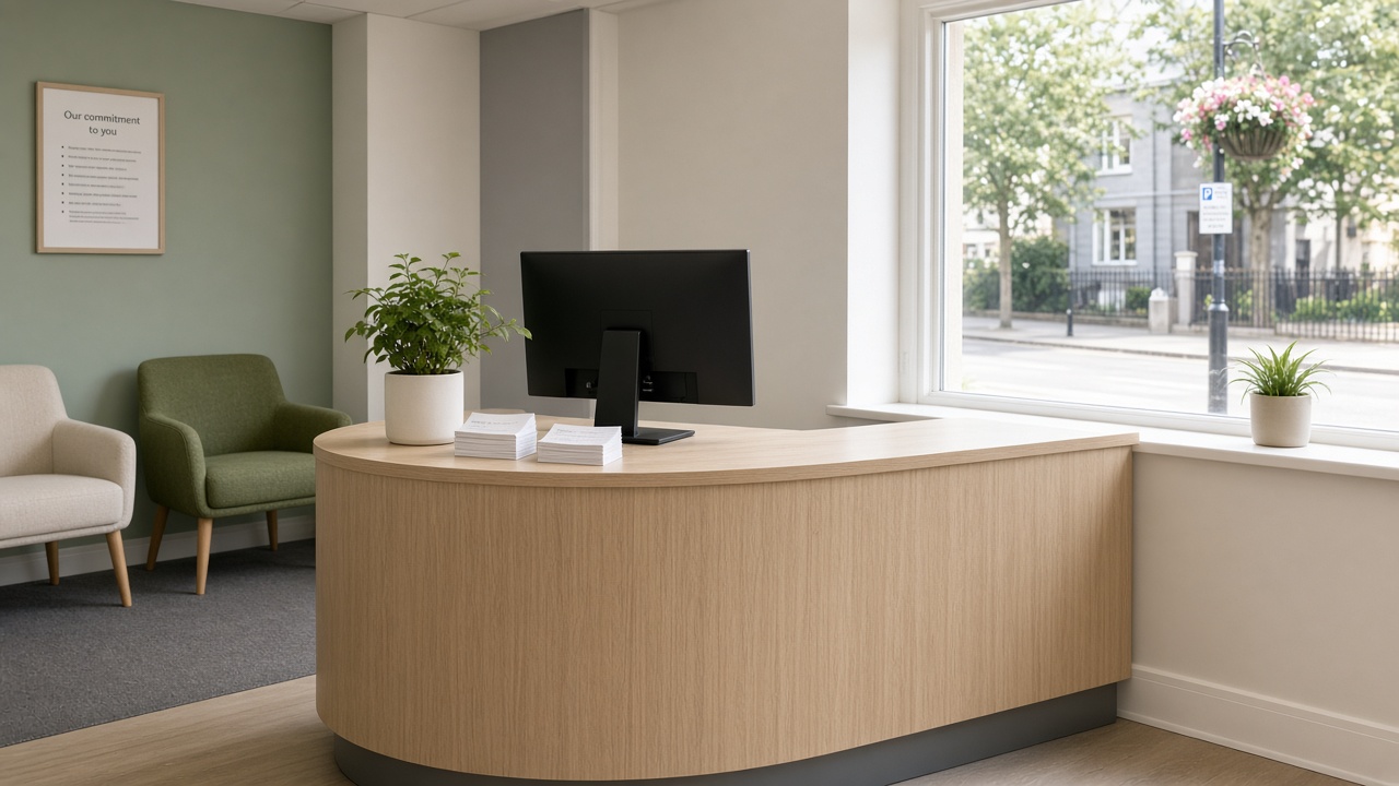 Empty UK dental reception desk with a computer and waiting chairs