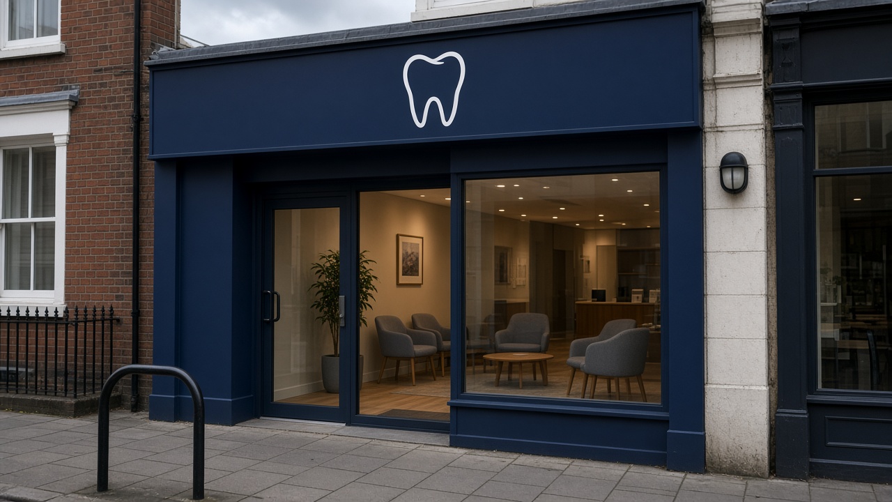 UK high-street dental practice shopfront with a simple tooth sign