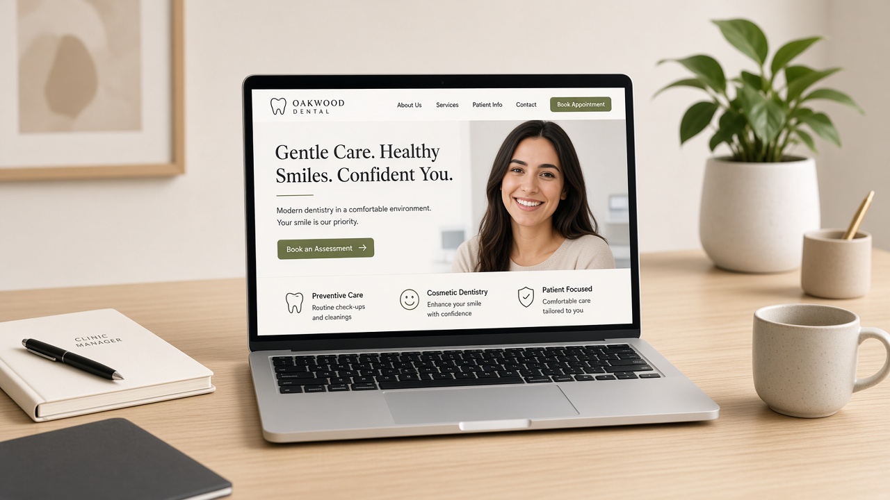 Laptop on a clinic desk showing a dental treatment landing page