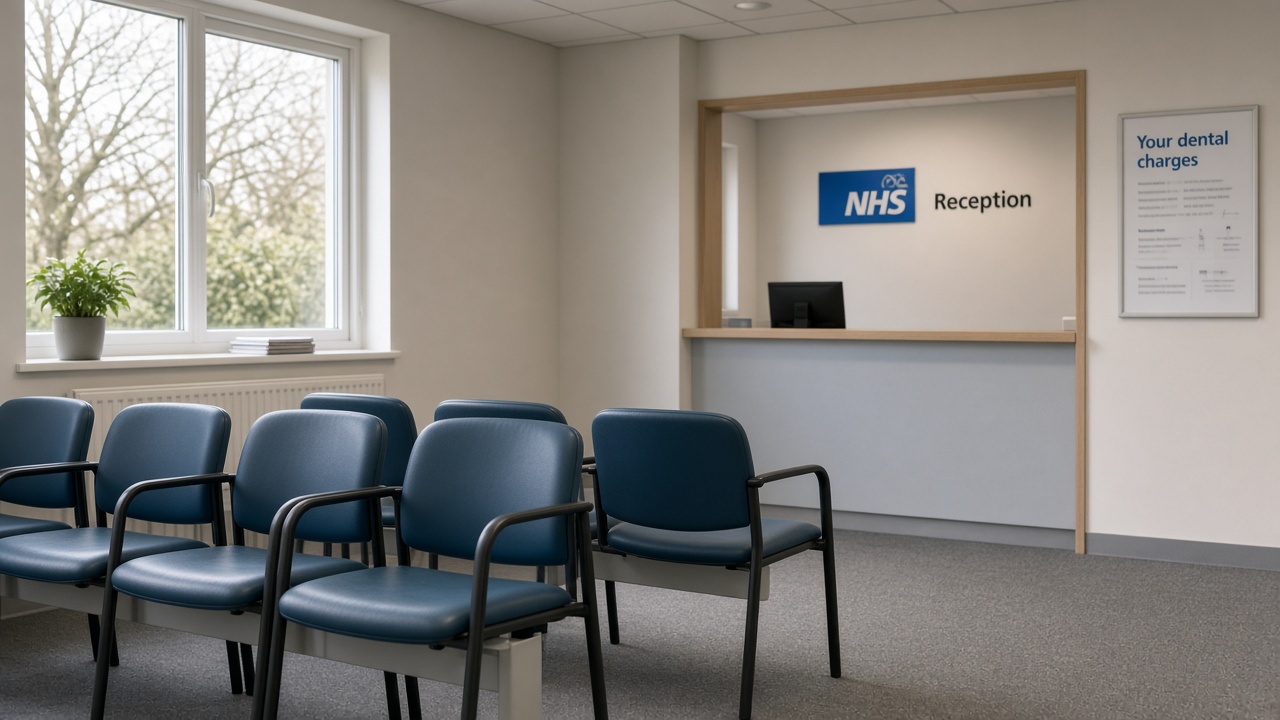 Empty NHS-style dental waiting room with a reception hatch and chairs