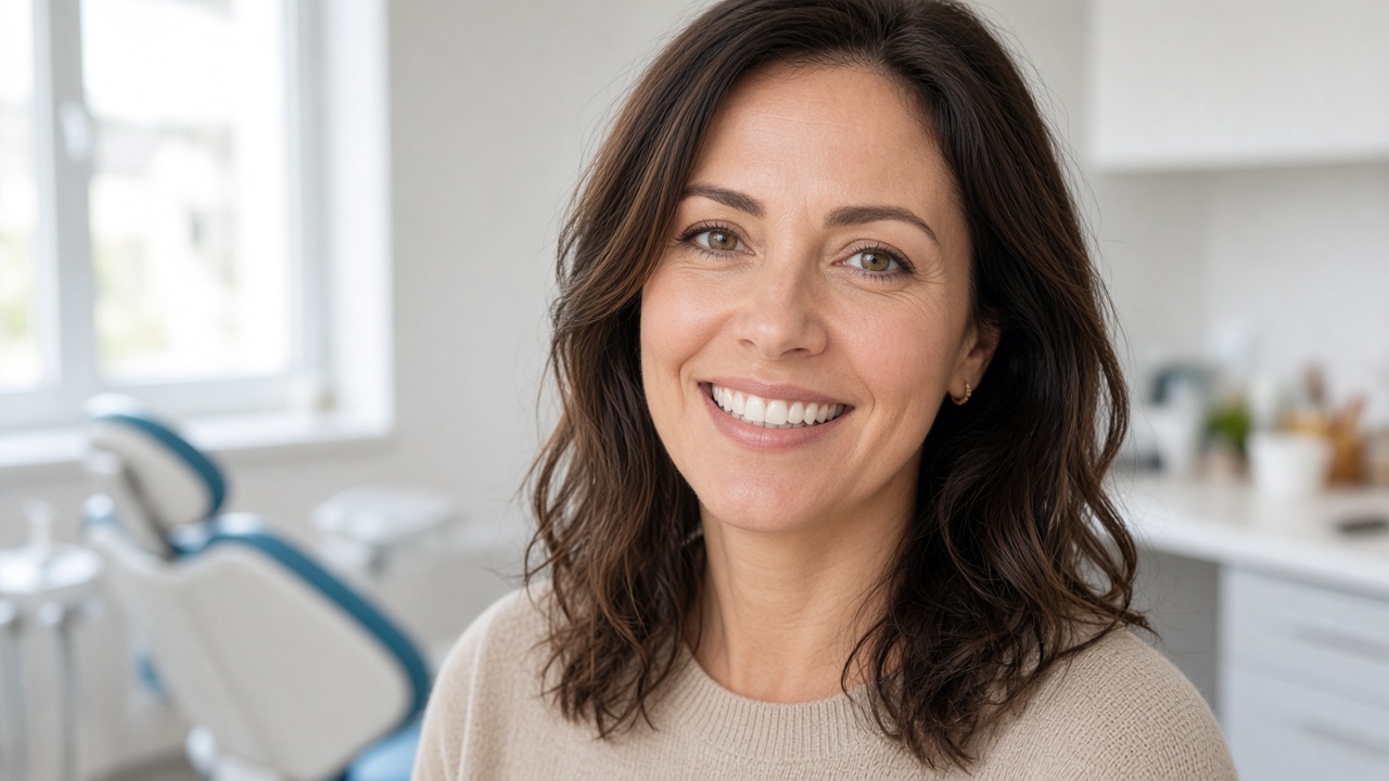 Patient with a bright cosmetic smile standing in a dental clinic