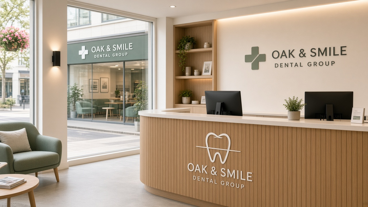 Multi-site dental group reception with branded desk and a second clinic visible through the window