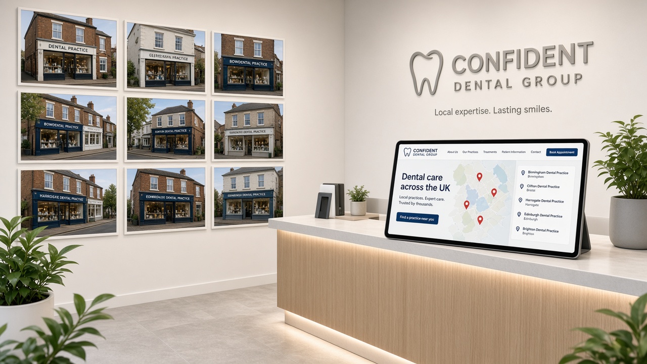 Dental group reception with location photos and a clinic-finder screen