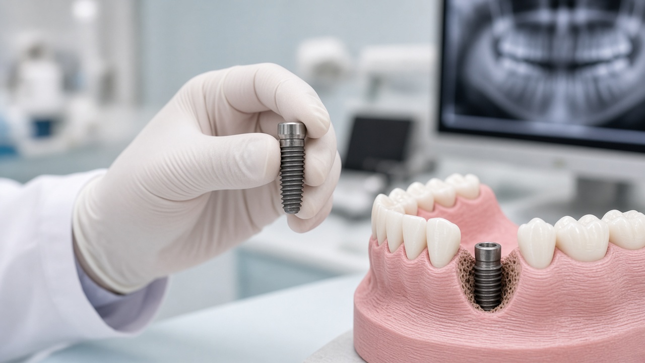 Gloved hand holding a dental implant fixture next to a jaw model