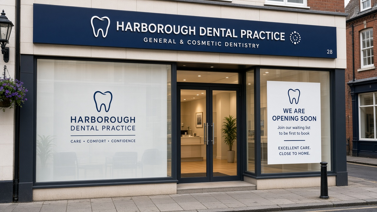New dental practice shopfront with opening-soon waiting-list signage